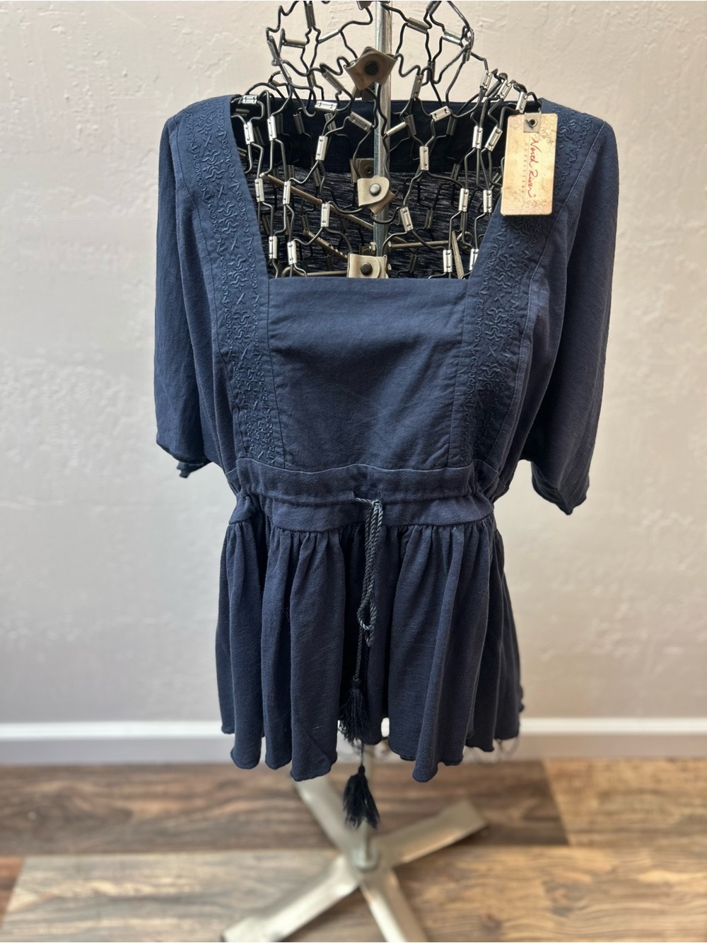 Women's Square-Neck Navy Blouse with‎ Tassel Tie